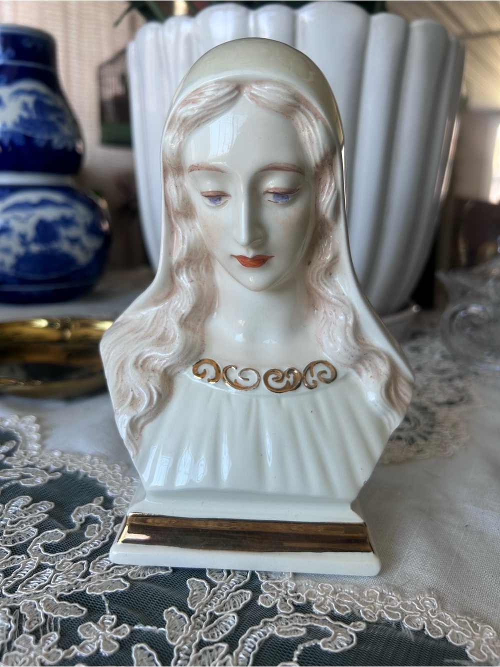 Porcelain Vintage Virgin Mary Bust Figurine in White and Gold